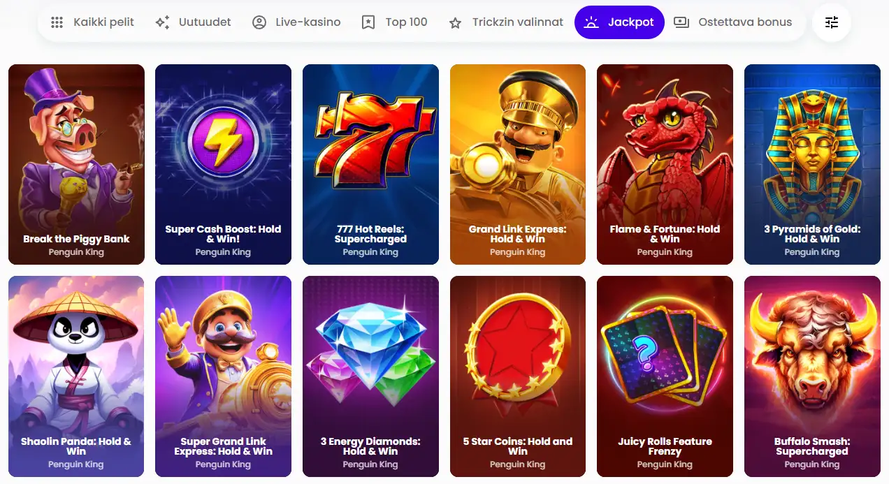 Trickz Casinon jackpot-pelien kategoria, jossa näkyvät yhteiseen jättipottiin osallistuvat pelit