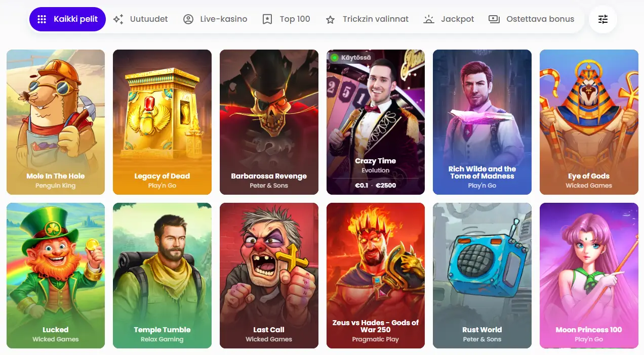 Trickz Casinon kolikkopelivalikoima, jossa näkyvät Legacy of Dead, Temple Tumble, Eye of God ja muut suositut pelit