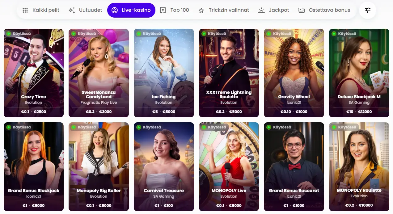 Trickz Casinon live-kasino, jossa näkyvät live-ruletti, blackjack, baccarat ja game show -pelit