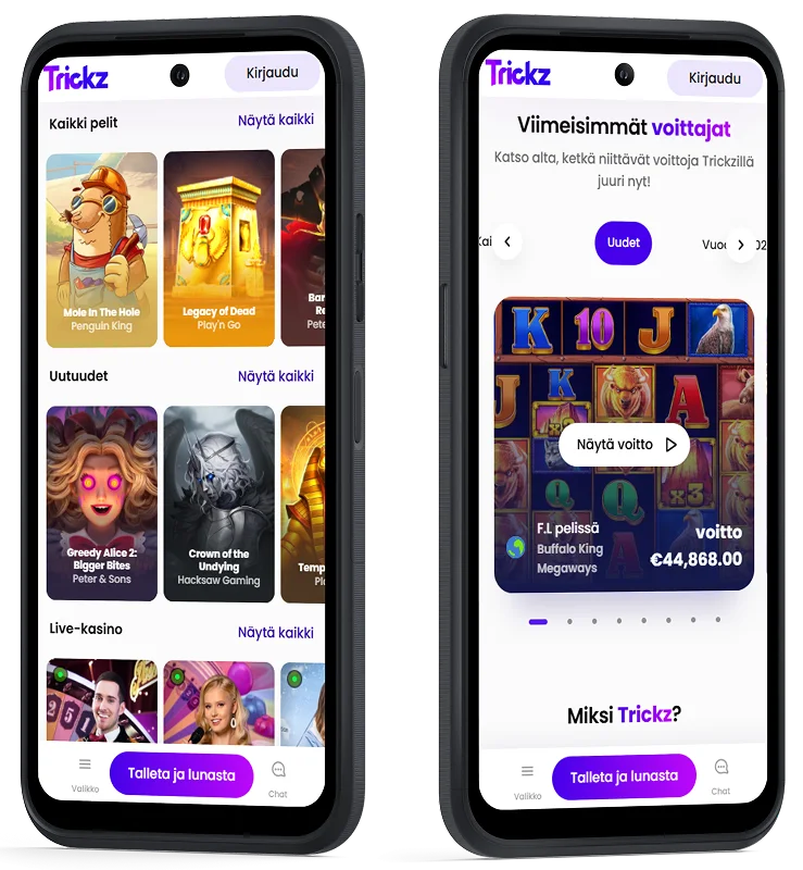 Trickz Casinon mobiilikasino älypuhelimella, jossa näkyvät pelikirjasto ja mobiilikäyttöliittymä