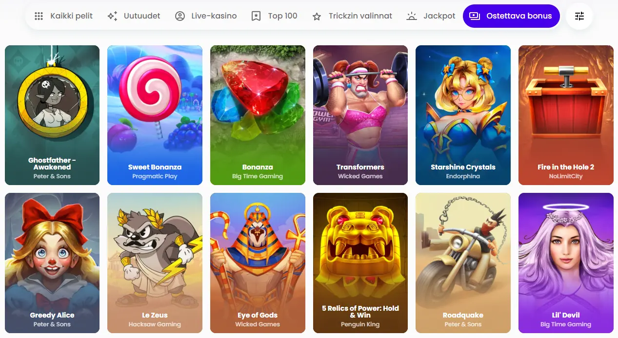 Trickz Casinon Ostettava bonus -kategoria, jossa näkyvät Buy Bonus -ominaisuudella varustetut pelit