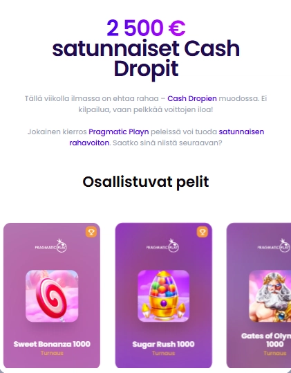 Trickz Casinon Pragmatic Play Cash Drop -kampanja, jossa näkyvät 2 500 euron palkintopotti ja osallistuvat pelit.