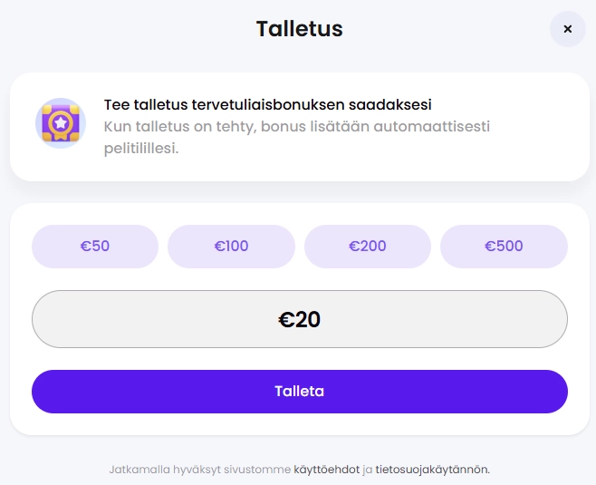 Trickz Casinon talletussivu, jossa näkyy ensimmäisen talletuksen tekeminen ja tervetuliaisbonuksen aktivointi