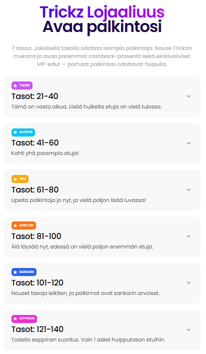 Trickz Loyalty Club sisältää seitsemän tasoa, jotka avaavat uusia etuja aktiivisille pelaajille